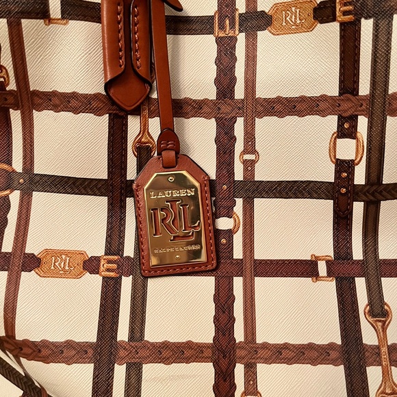 Lauren Ralph Lauren Brown and Cream Large Equestrian Style Tote and Wristlet EUC - Picture 10 of 15